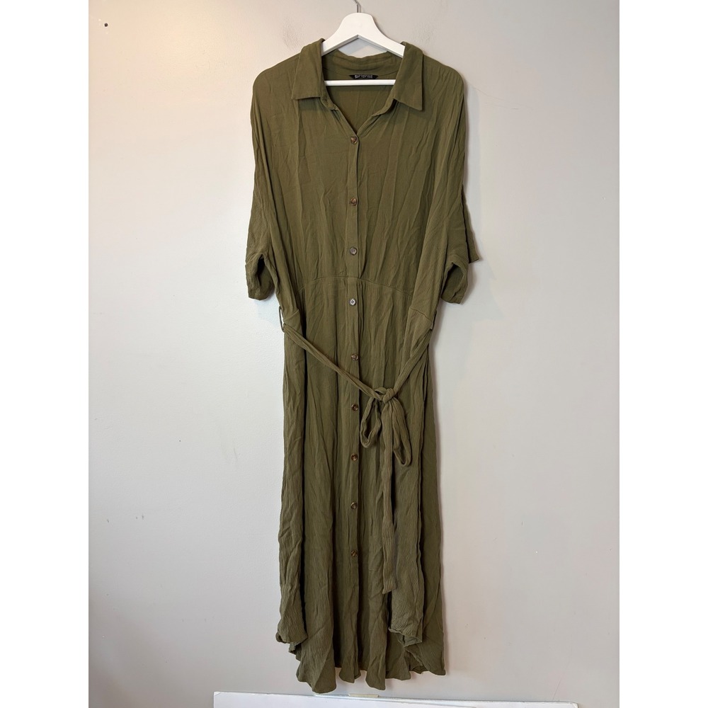 BloomChic Olive Green Crinkle‎ Button Front Maxi Shirt Dress Plus Size 22-24